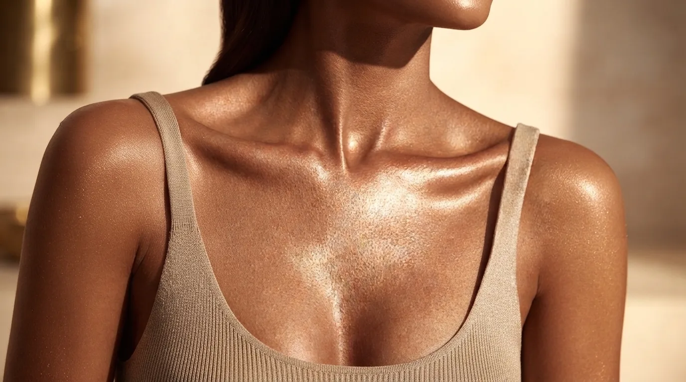 Glowing bronzed skin across the collarbone and shoulders, warm neutral tank top