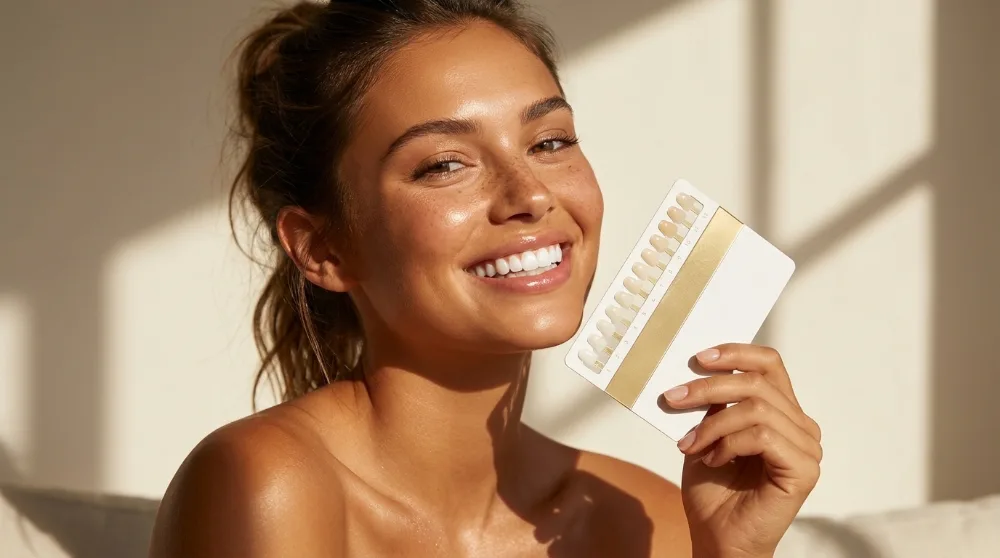 Smiling client with a sun-kissed glow holding a teeth-shade guide